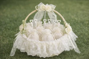 kurv med bryllupsris i klassisk organza og sæbebobler