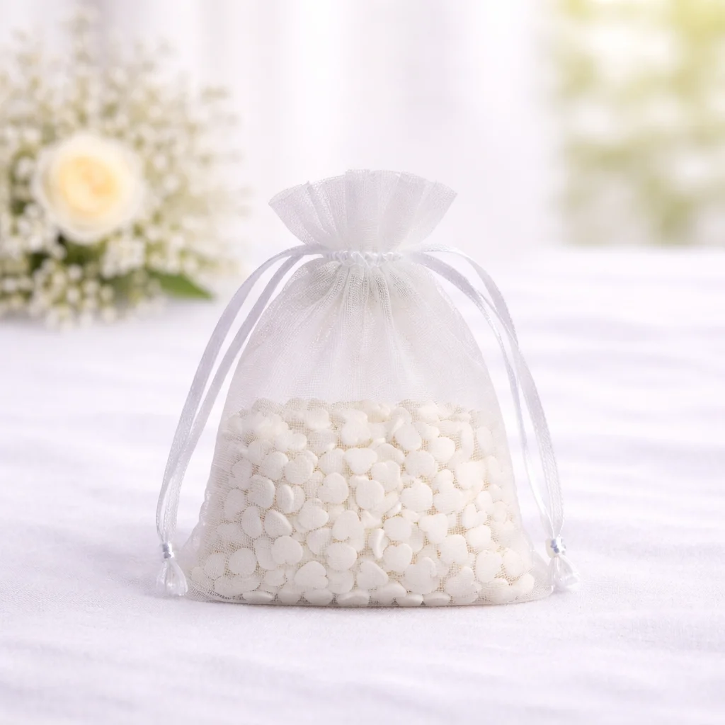 sukkerhjerter til bryllup klar i flotte organzaposer